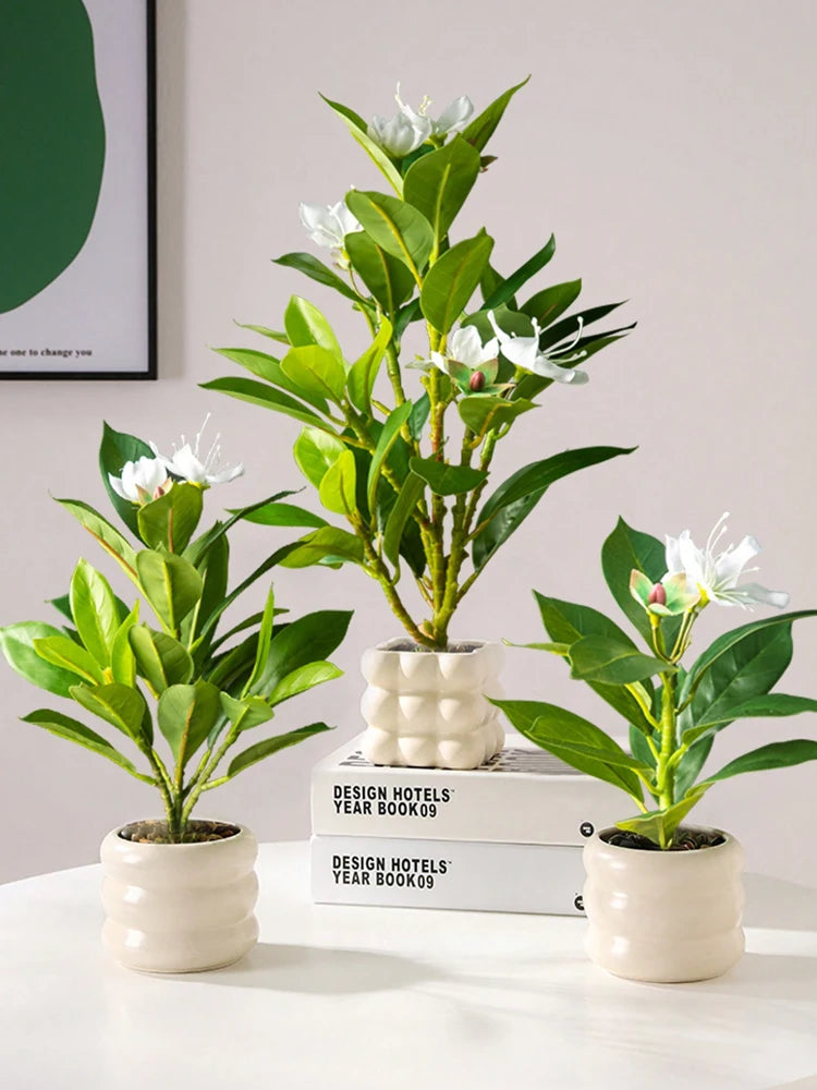 Set of three artificial azaleas indoor decor in stylish pots for home decoration