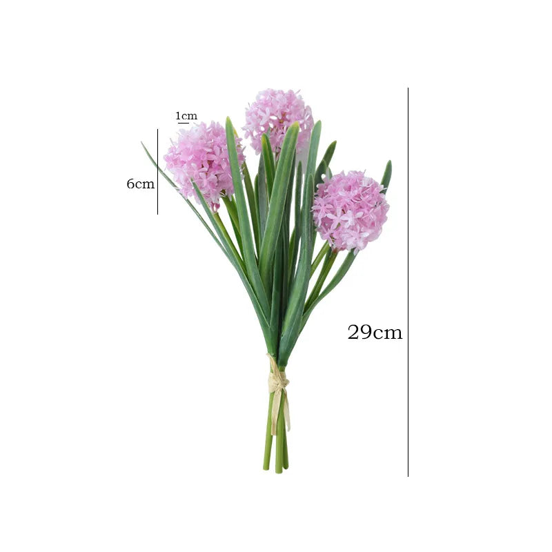 Artificial dandelion bouquet in pink with green leaves, measuring 29cm tall and 6cm wide.