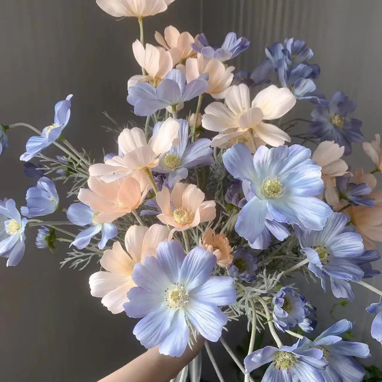 Artificial Flower Bouquet with Pastel Blue and Peach Blooms for Home Decor