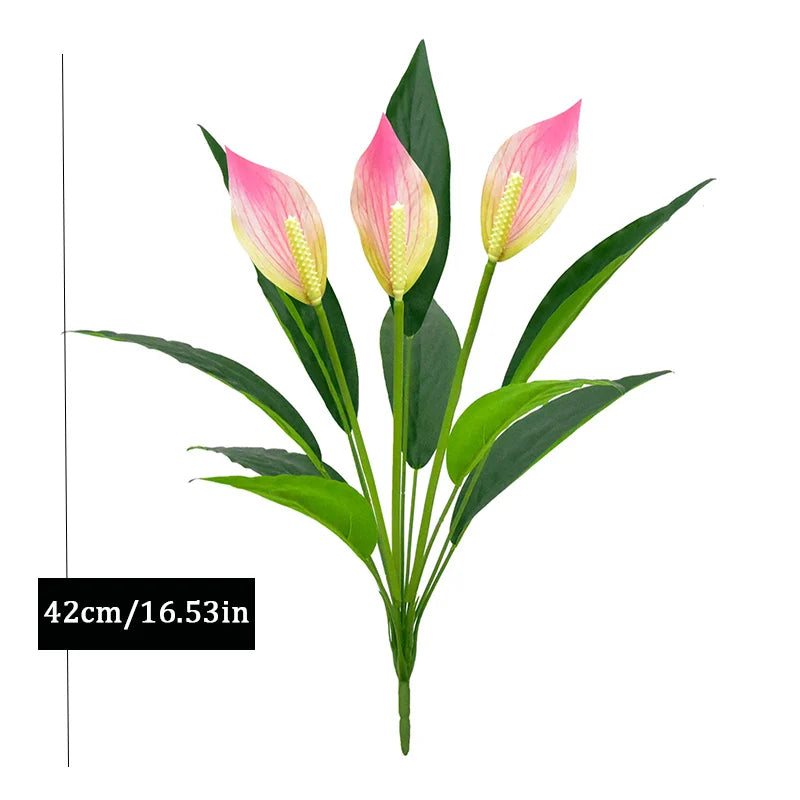 Artificial Pink Peace Lily Plant with Green Leaves, 42cm Tall for Home Decoration