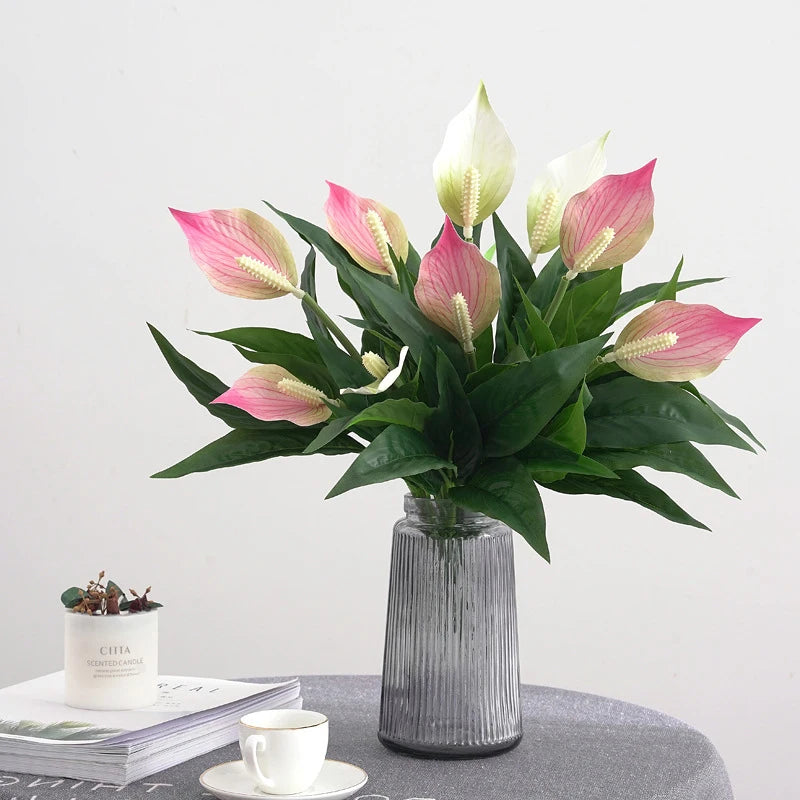 Elegant Pink and White Peace Lily Arrangement in a Textured Vase for Home Decor
