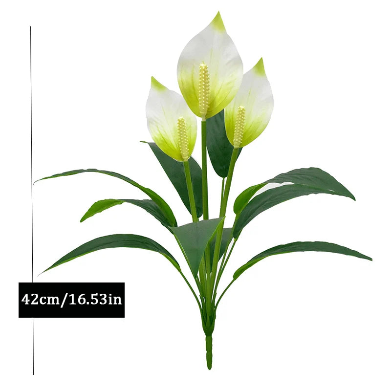 Artificial peace lily plant with three white blooms and green leaves, measuring 42cm in height