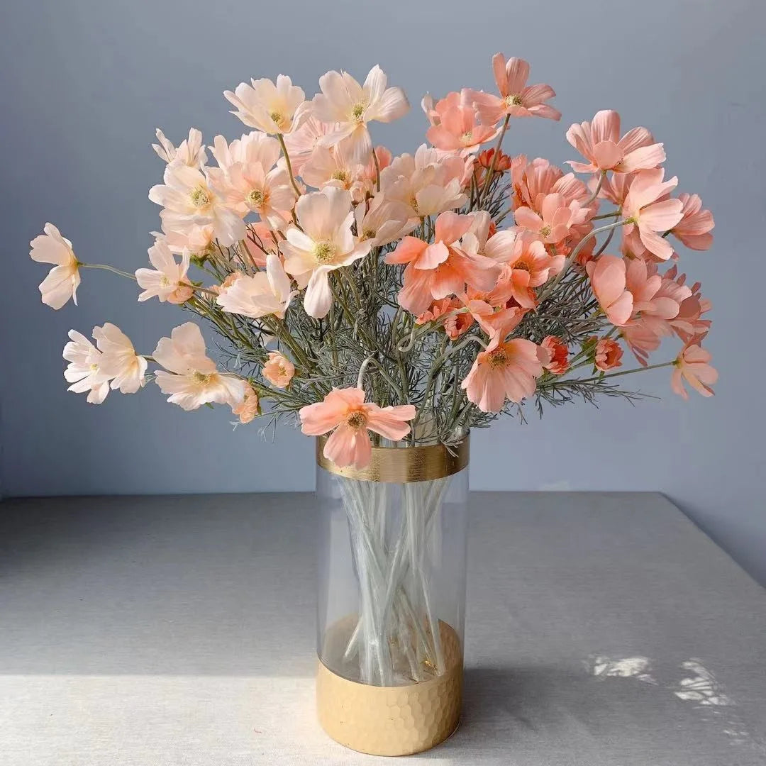 Elegant artificial flower bouquet in a clear vase with pink and peach blossoms from Mağazam