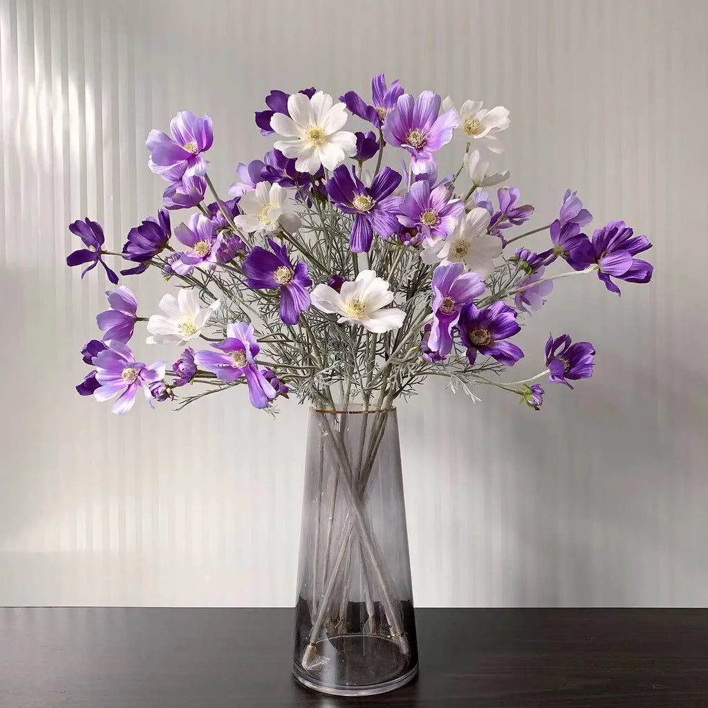 Artificial Purple and White Flower Bouquet in a Clear Glass Vase for Home Decor