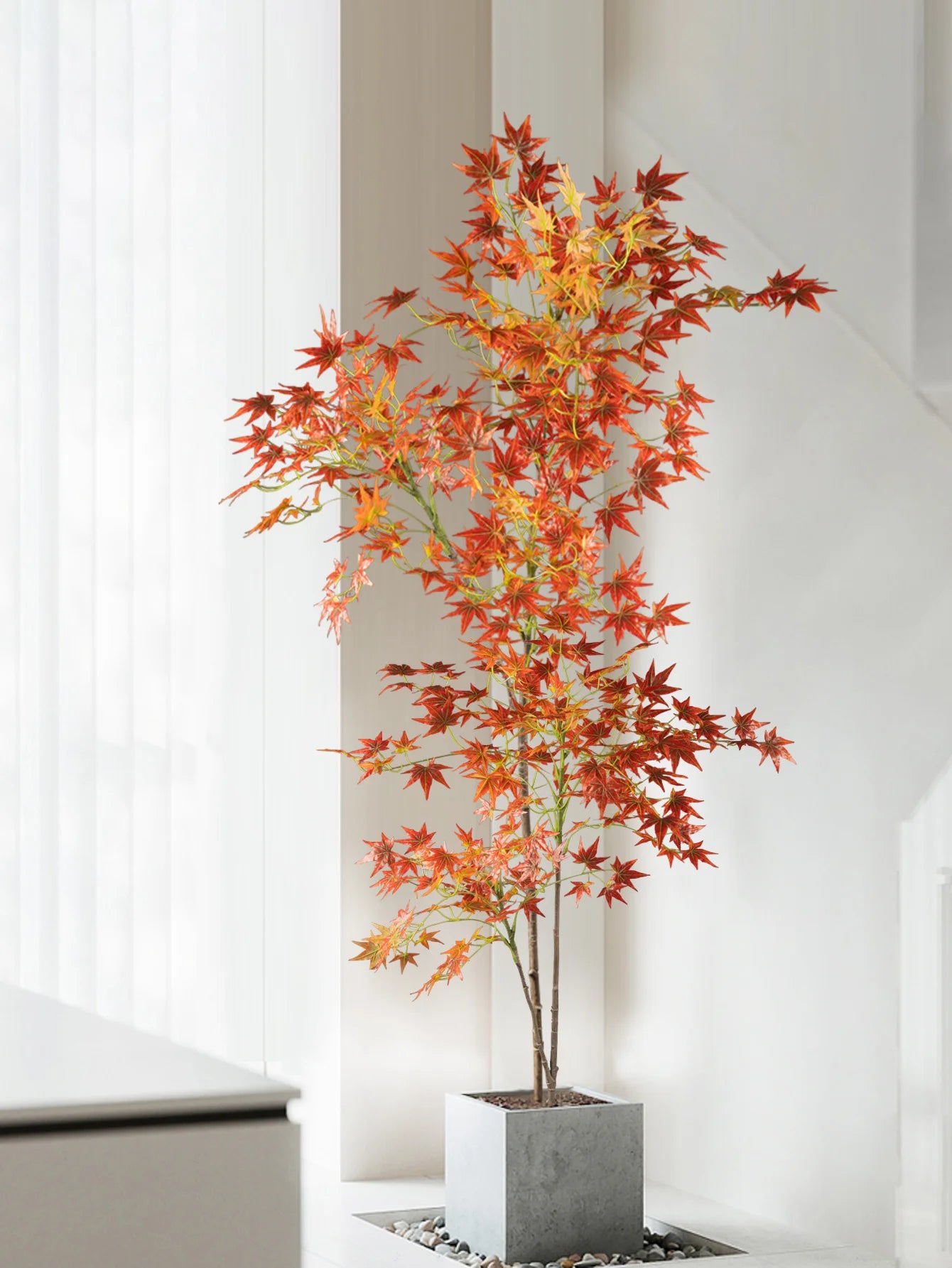 Artificial Maple Tree with Vibrant Red and Orange Leaves in a Modern Gray Pot for Home Decor