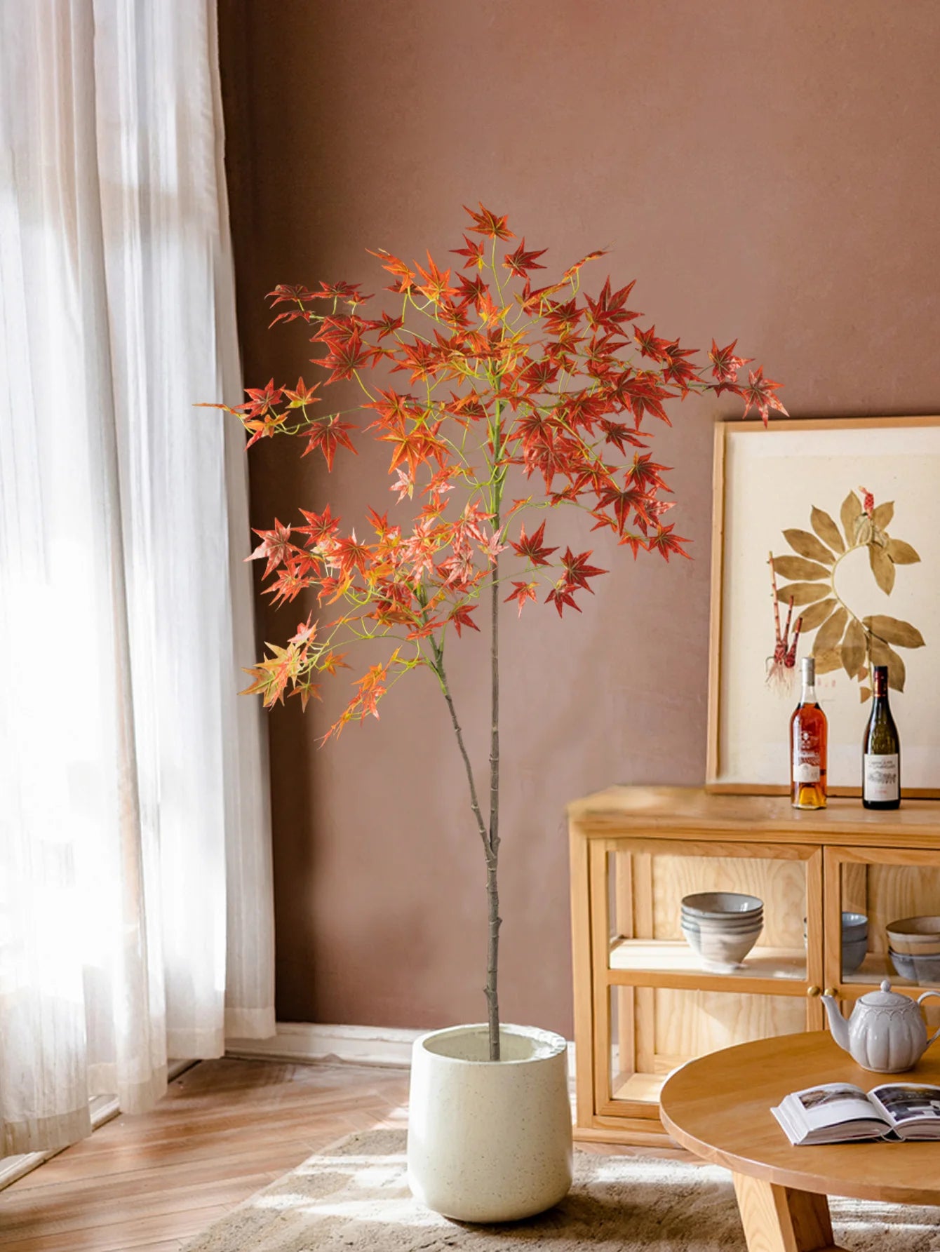 Artificial Maple Tree with Vibrant Red Leaves in a White Decorative Pot for Home Decor