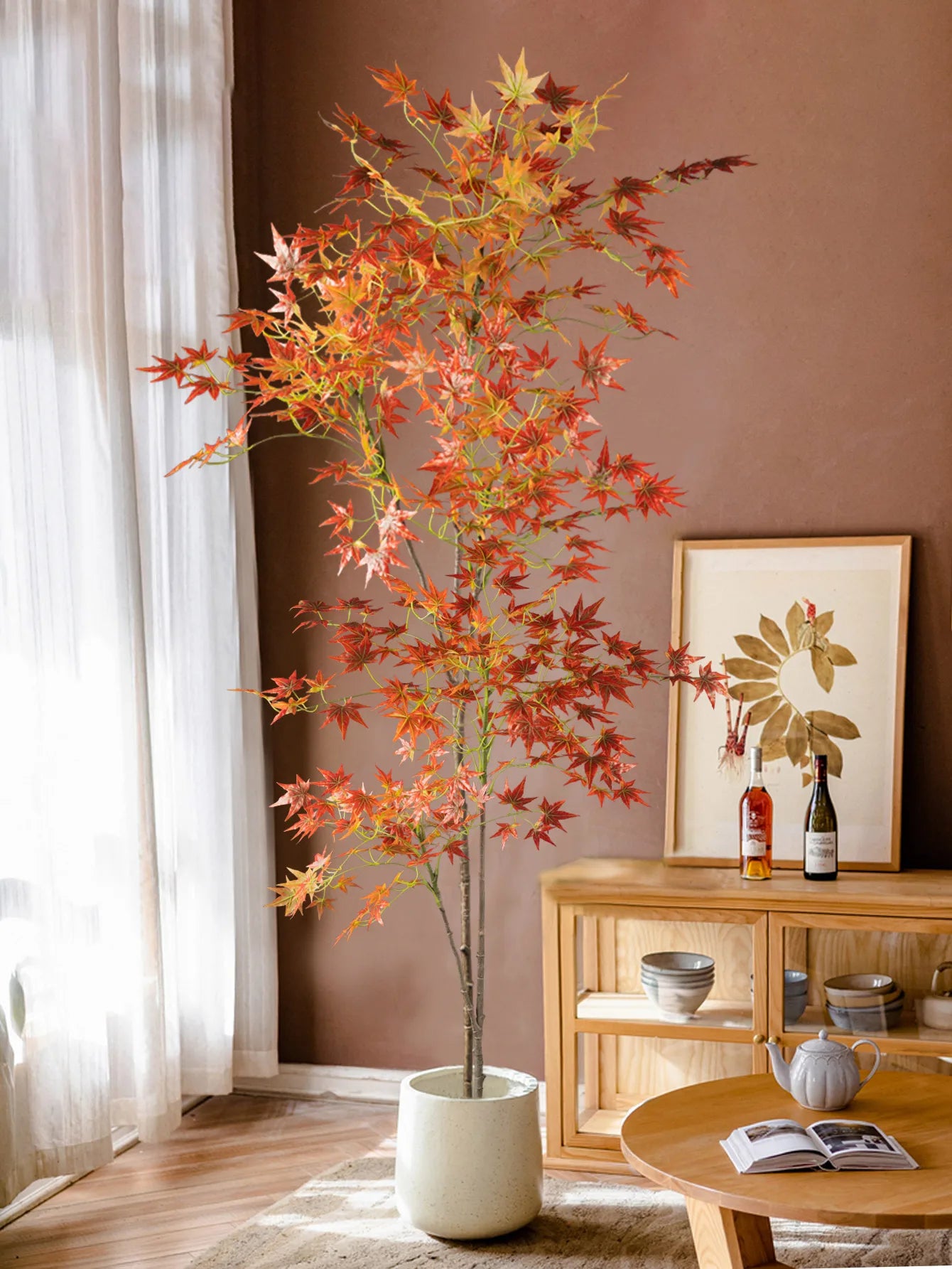 Artificial Maple Tree with Orange Red Leaves in Decorative Pot for Home Decor