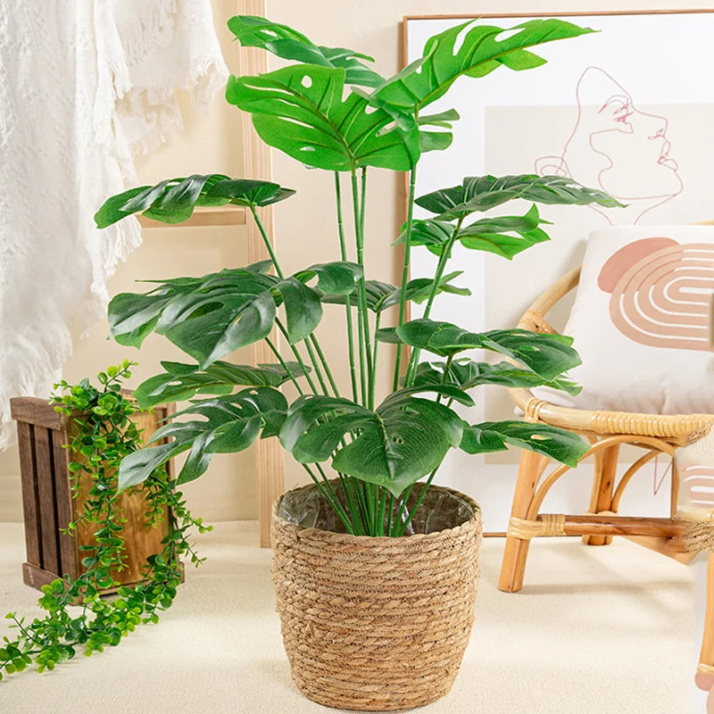 Artificial Monstera Plant in Woven Basket for Home Decor and Indoor Spaces