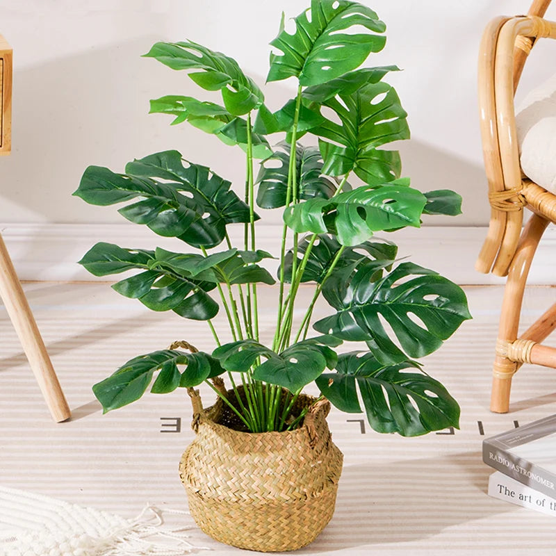 Artificial Monstera Plant in a Woven Basket for Home Decor and Indoor Gardening