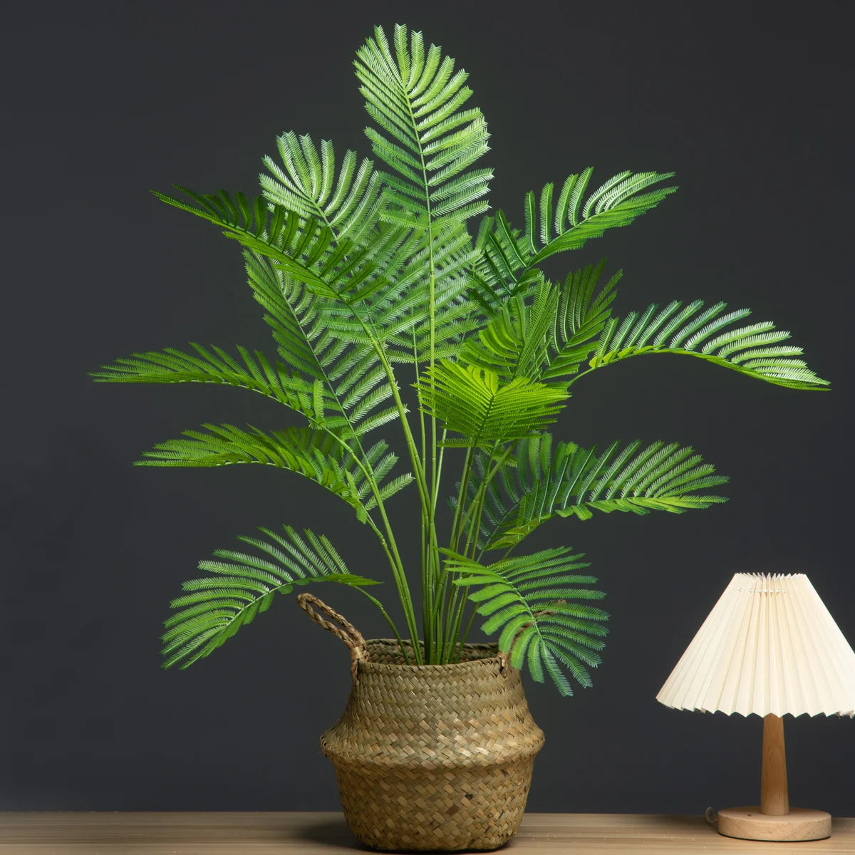 Green Artificial Palm Plant in Basket with Decorative Table Lamp for Home Decor