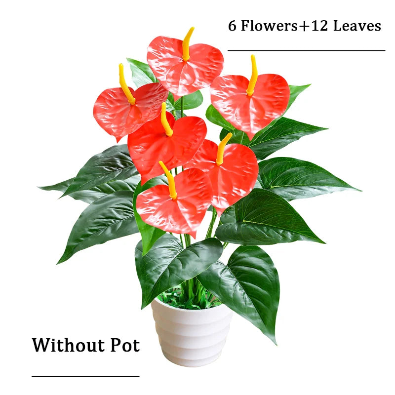 Artificial Red Anthurium Plant with 6 Flowers and 12 Leaves, perfect for home decor