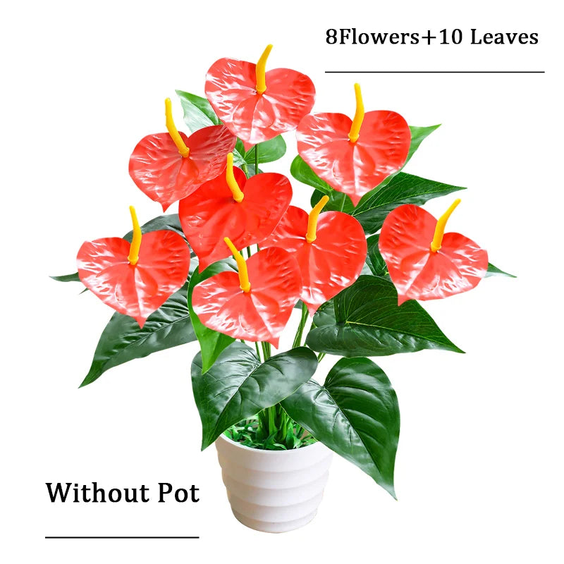 Artificial Red Anthurium Flowers with 8 Blooms and 10 Leaves in Decorative Arrangement Without Pot