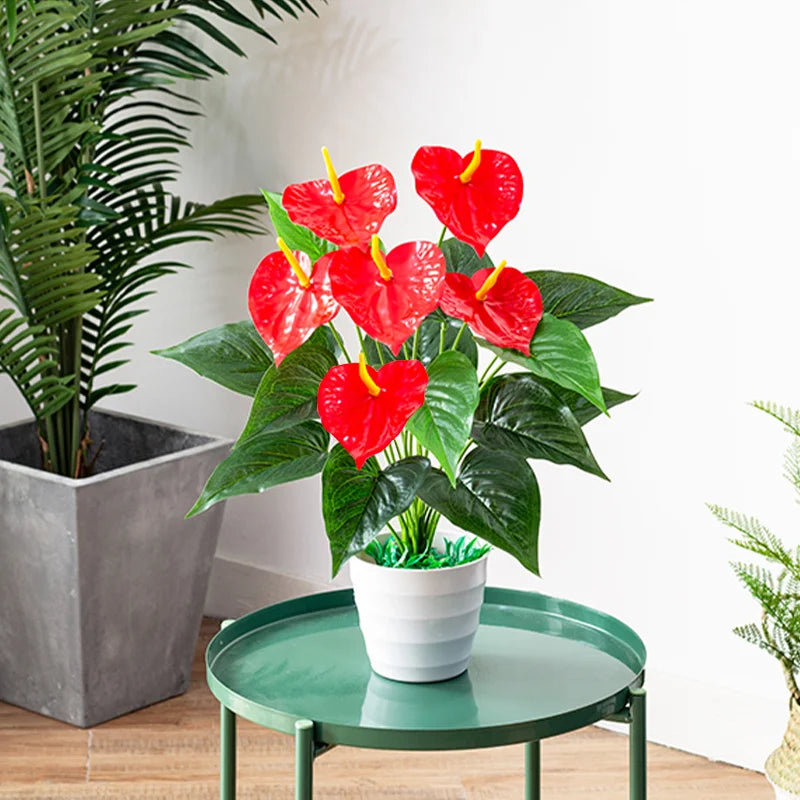 Artificial Red Anthurium Plant in White Pot for Home and Office Decoration