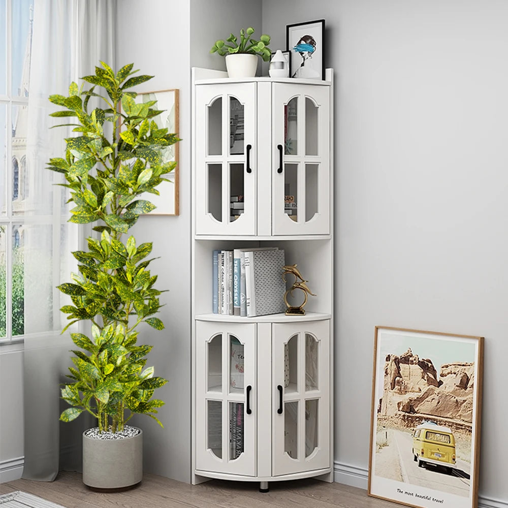 White Corner Storage Cabinet with Glass Doors and Shelves for Home Organization