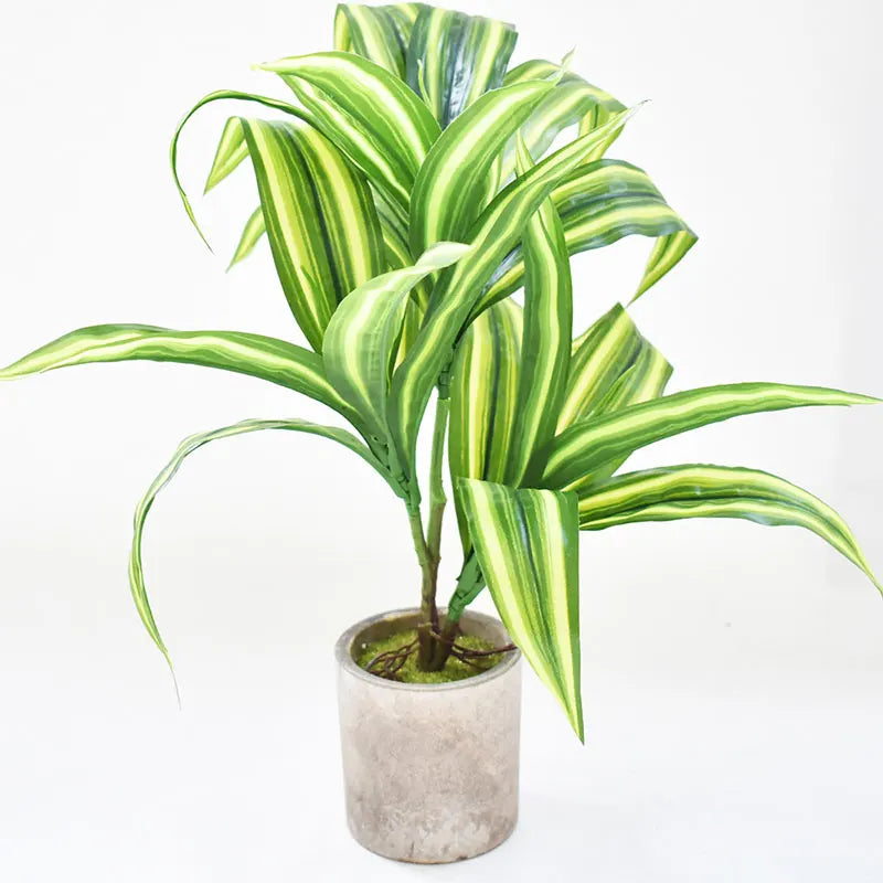 Indoor Faux Plant with Green and Yellow Striped Leaves in a Decorative Pot