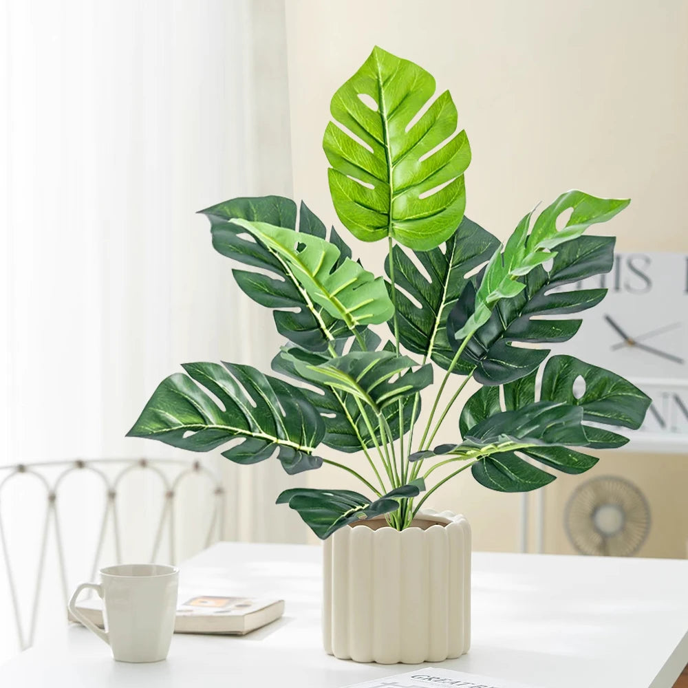 Green Monstera Leaf Artificial Plant in White Decorative Pot for Home Decor