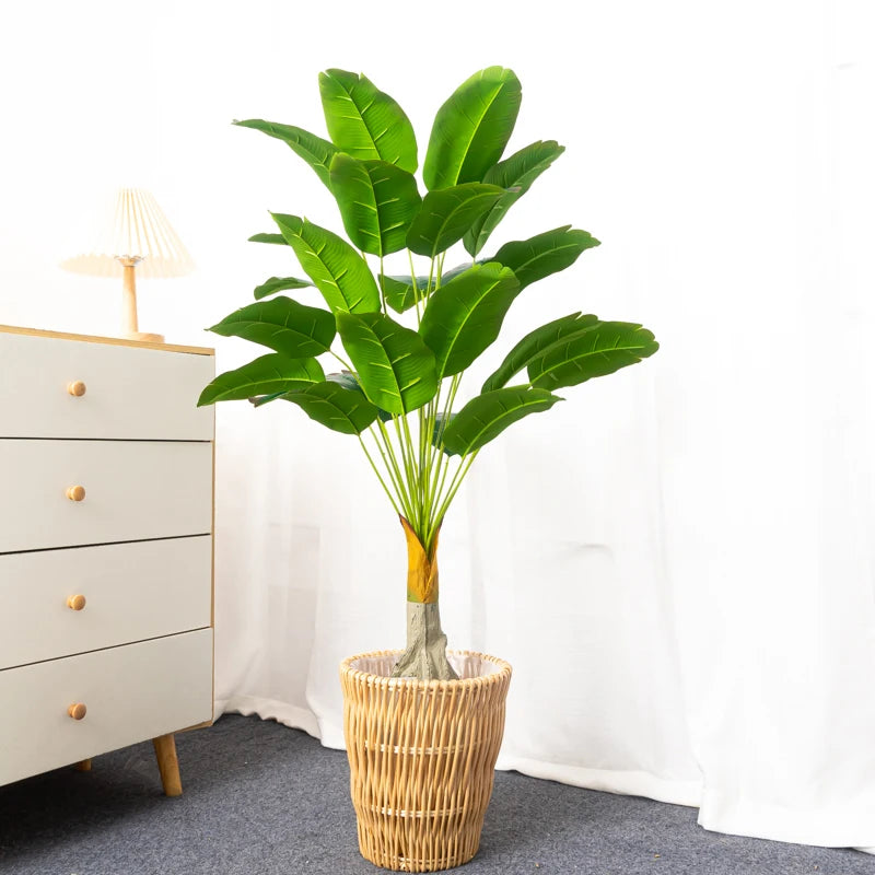 Green Artificial Potted Plant with Large Leaves for Home or Office Decor