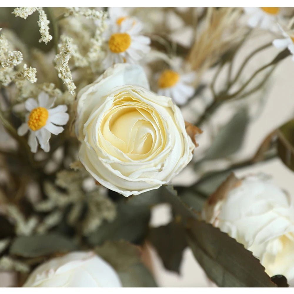 Artificial rose bouquet autumn featuring soft yellow roses and white daisies