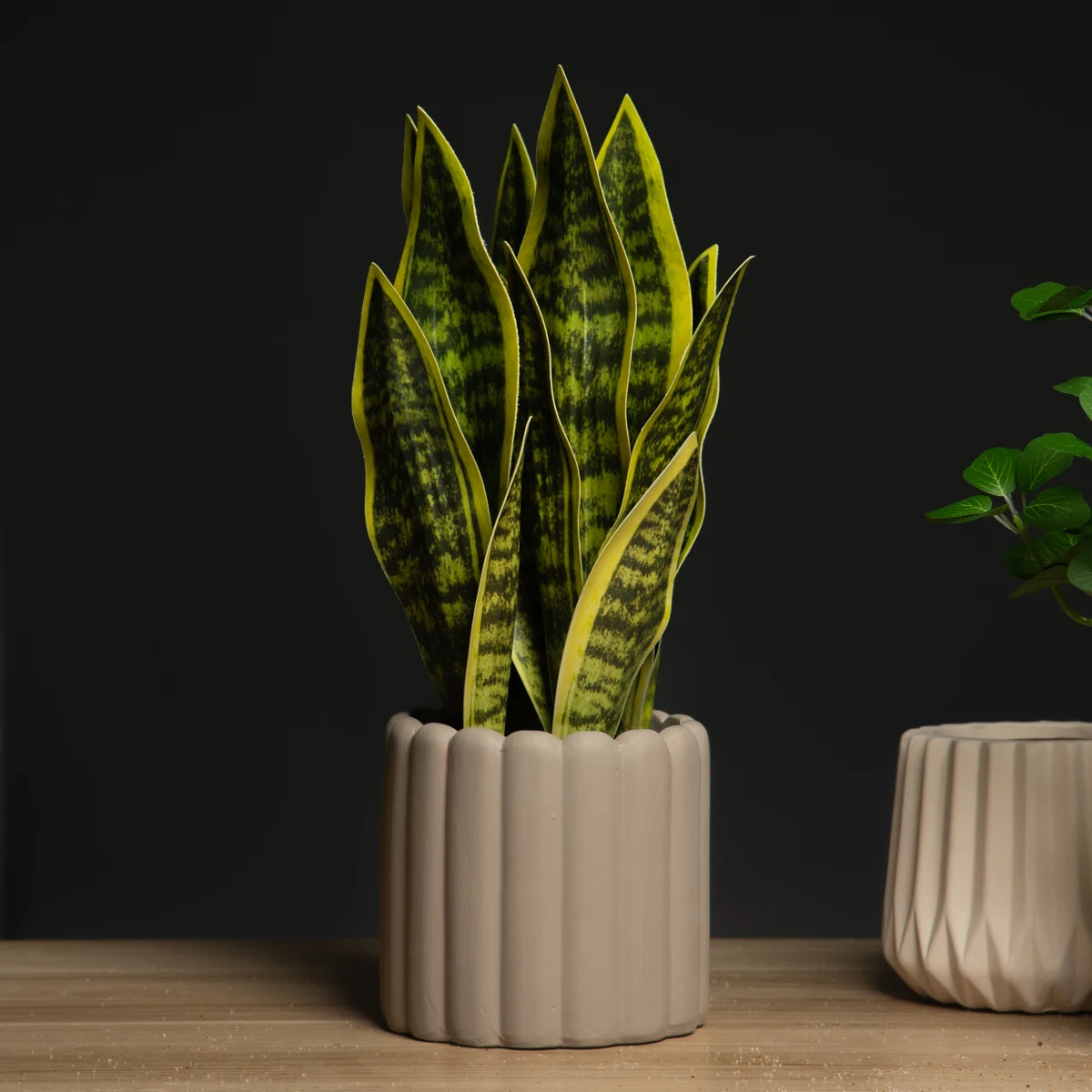 Artificial snake plant decor in a textured beige planter for modern home styling