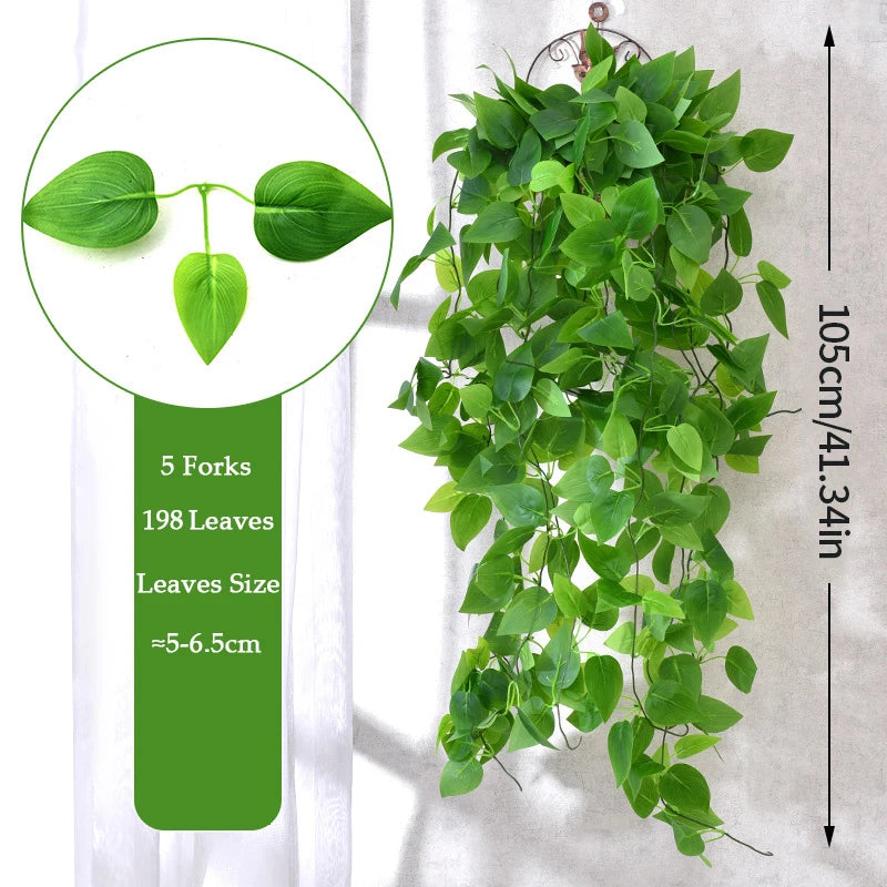 Artificial Hanging Plant with 198 Green Leaves, 5 Forks, Ideal for Home Decoration