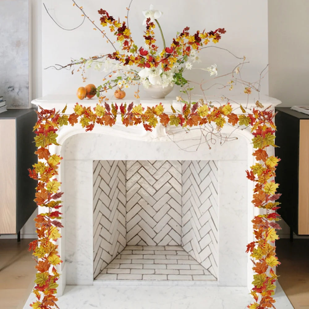 Elegant marble fireplace adorned with autumn leaf garland and floral arrangement for seasonal decor