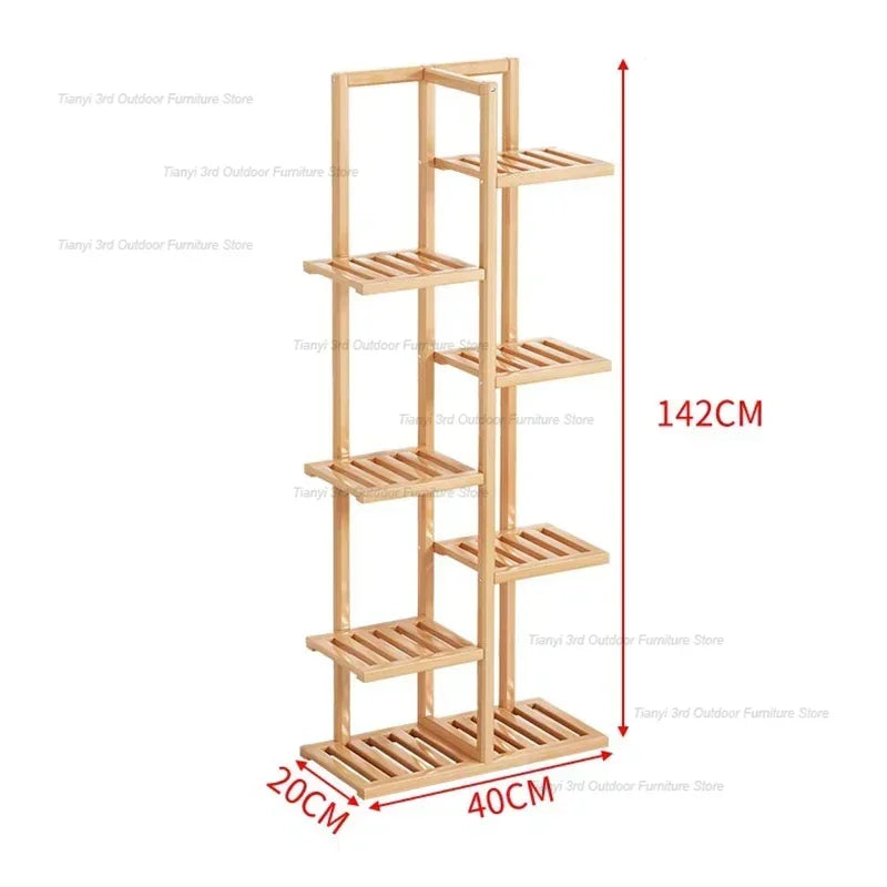 Wooden balcony indoor garden plant stand with multiple shelves for displaying plants and decor
