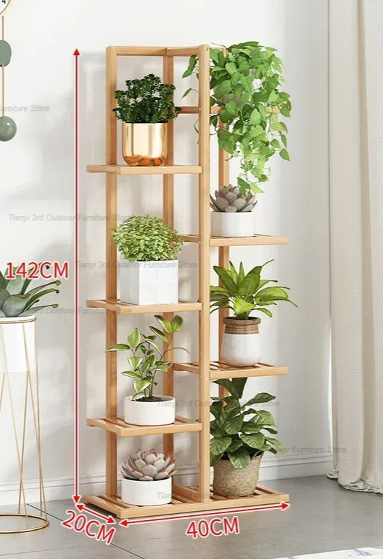 Wooden balcony indoor garden plant stand with multiple shelves for displaying potted plants
