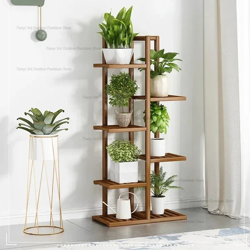 Modern balcony indoor garden plant stand with multiple tiers for displaying various potted plants