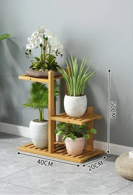 Wooden balcony indoor garden plant stand with three tiers for displaying potted plants