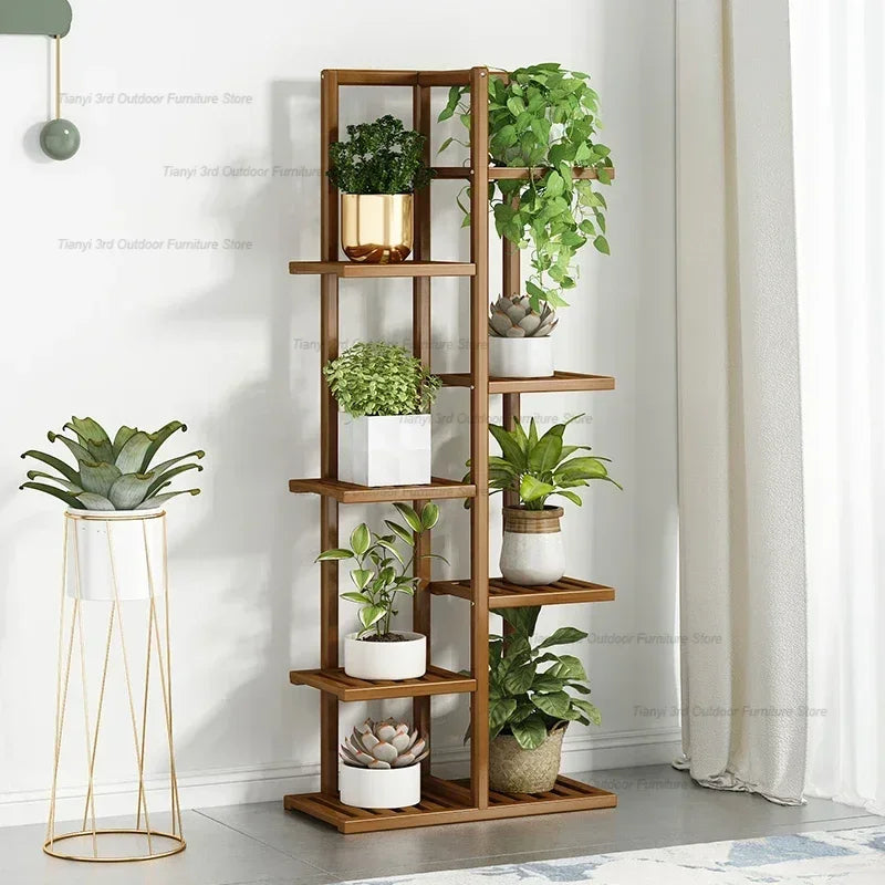 Wooden balcony indoor garden plant stand featuring multiple tiers for displaying plants and greenery