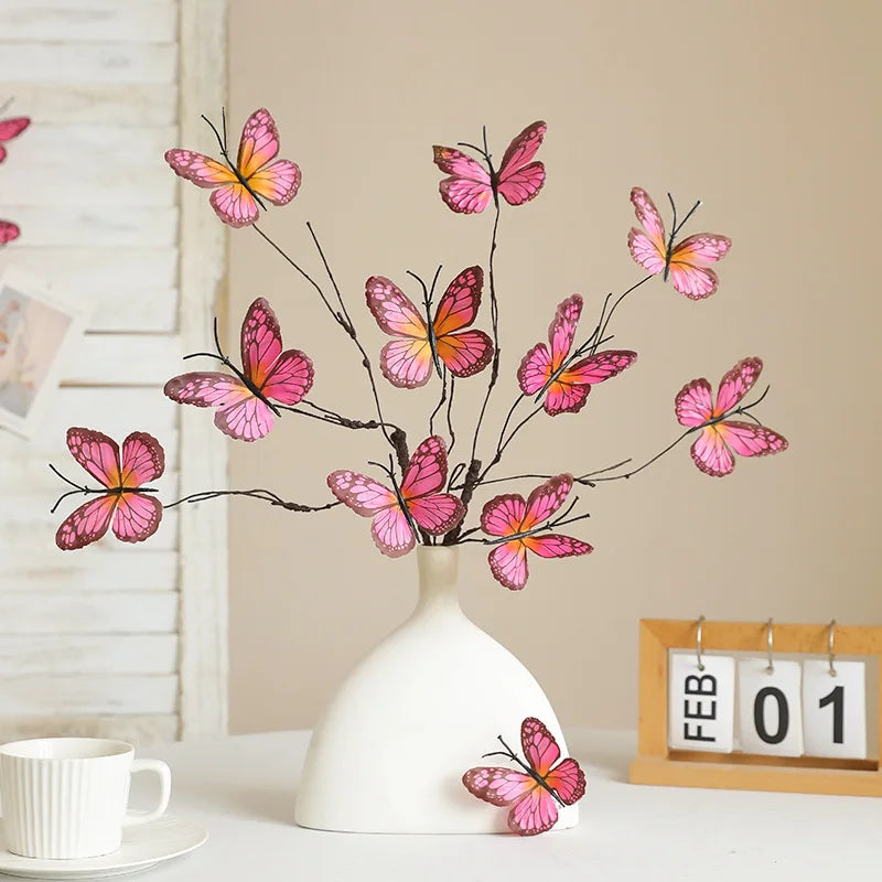 Pink Butterfly Decorative Branch Arrangement in White Vase for Home Decor