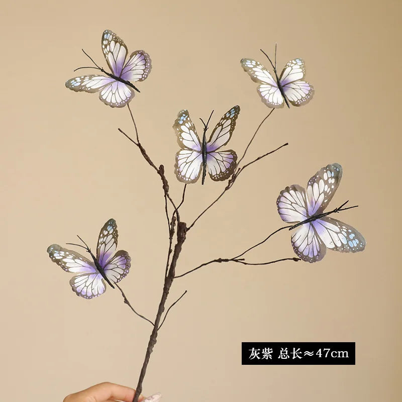 Decorative branch with five purple and white butterflies, measuring 47cm long for home decor