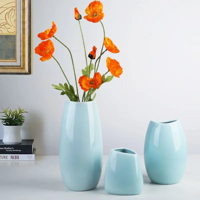 Light Blue Ceramic Vases Set with Decorative Orange Flowers for Home Decor