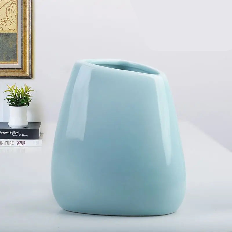 Mağazam Light Blue Ceramic Decorative Vase with a Modern Shape for Home Decor