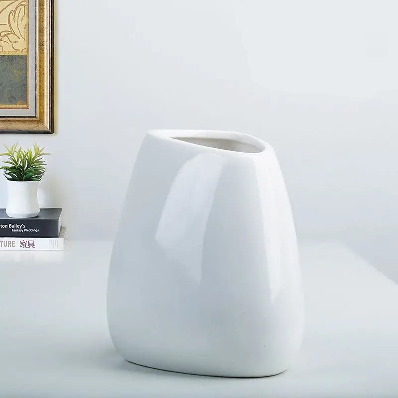Mağazam Modern White Ceramic Vase with Unique Shape for Home Decor and Flower Arrangement