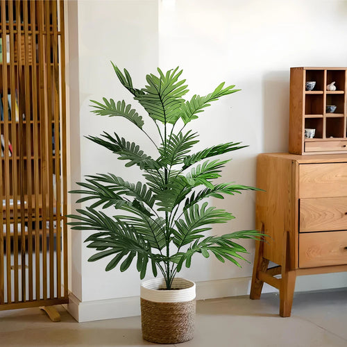 Artificial palm tree in a wicker pot, perfect for home decor and indoor gardening