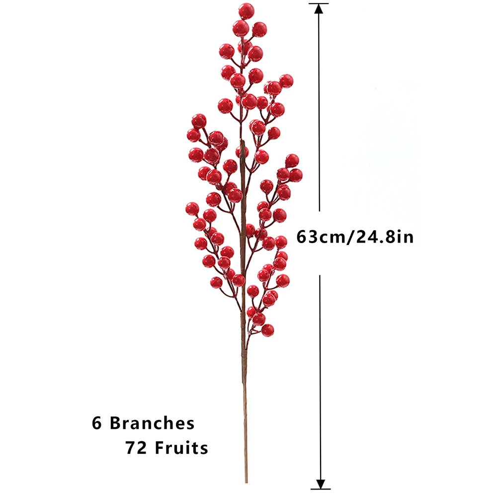 Artificial Red Berry Branch with 6 Branches and 72 Fruits, 63cm Tall for Home Decor