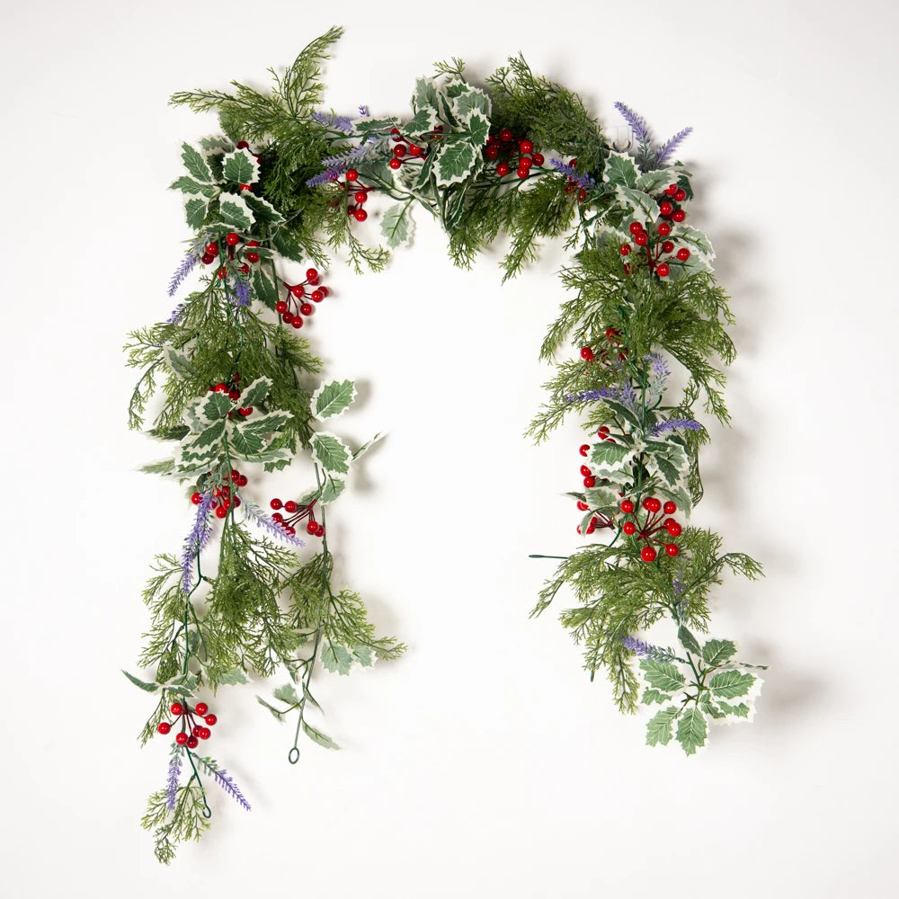 Artificial Holiday Garland with Greenery, Red Berries, and Lavender Decorations for Festive Decor