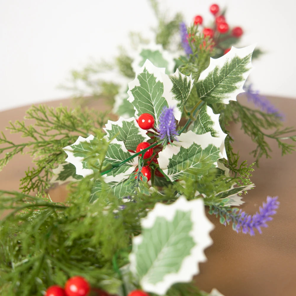 Artificial Holiday Garland with Green Leaves, Red Berries, and Lavender Flowers for Festive Decor