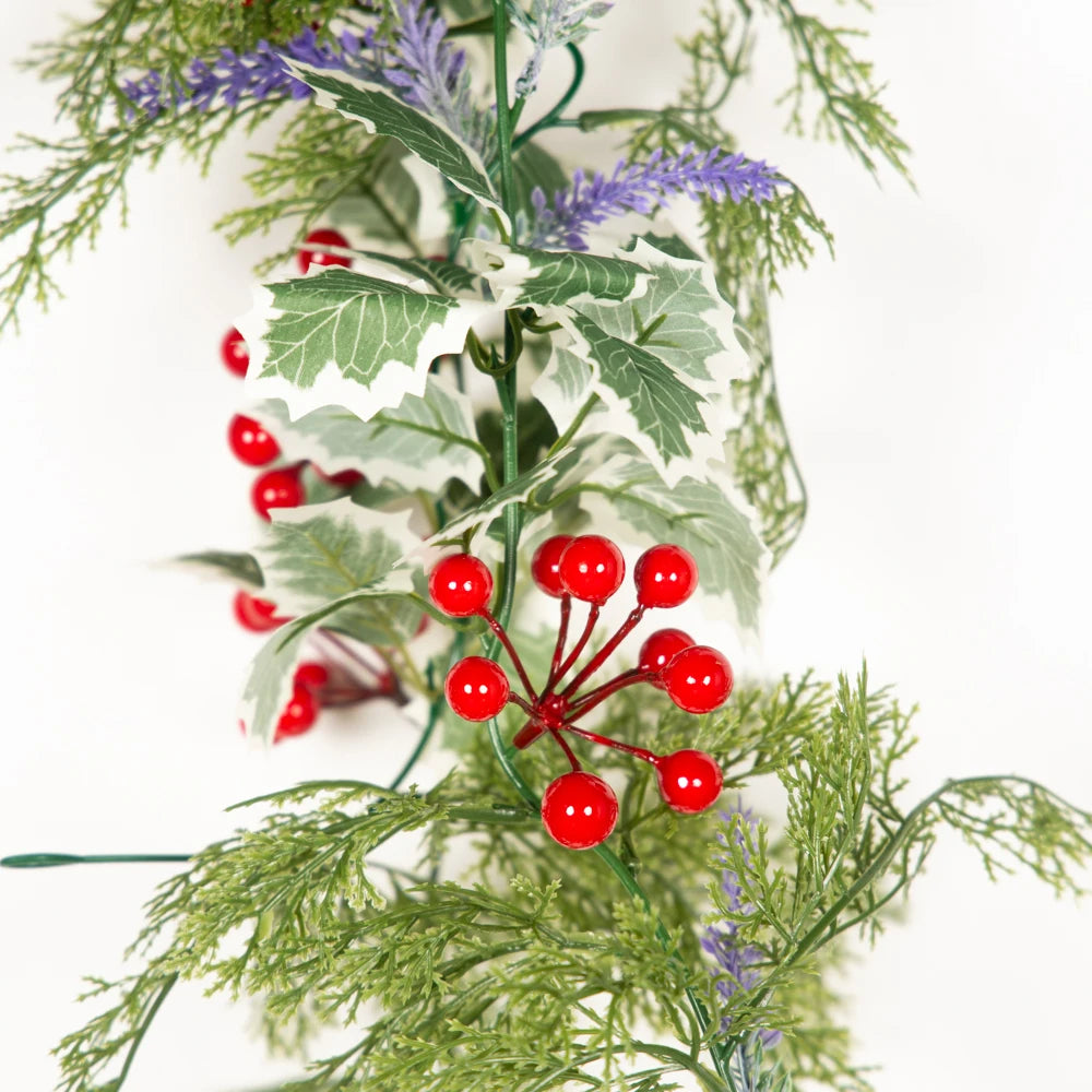 Mağazam Artificial Greenery Garland with Red Berries and Purple Flowers for Holiday Decor