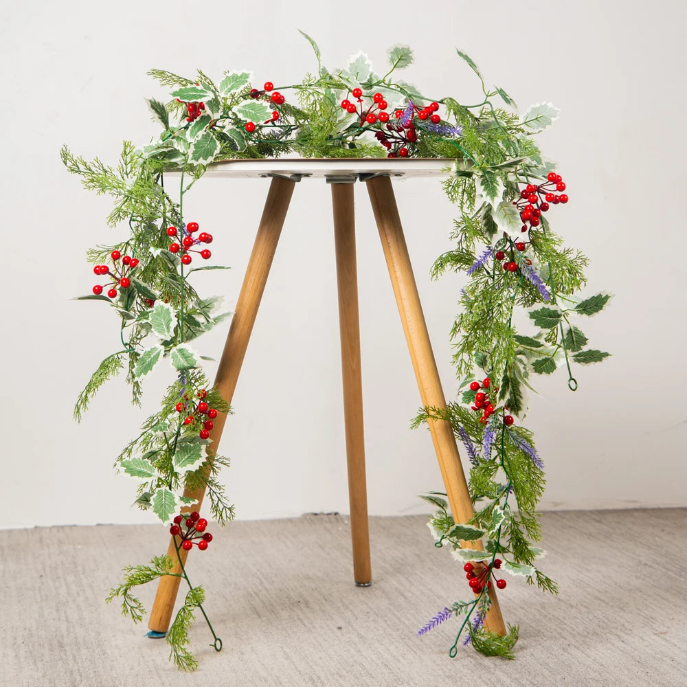 Mağazam Greenery Garland with Red Berries and Purple Flowers for Home Decoration