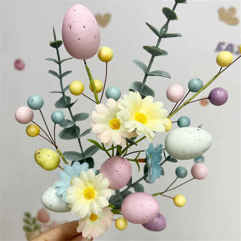 Colorful Easter floral arrangement with pastel eggs and flowers for festive decorations