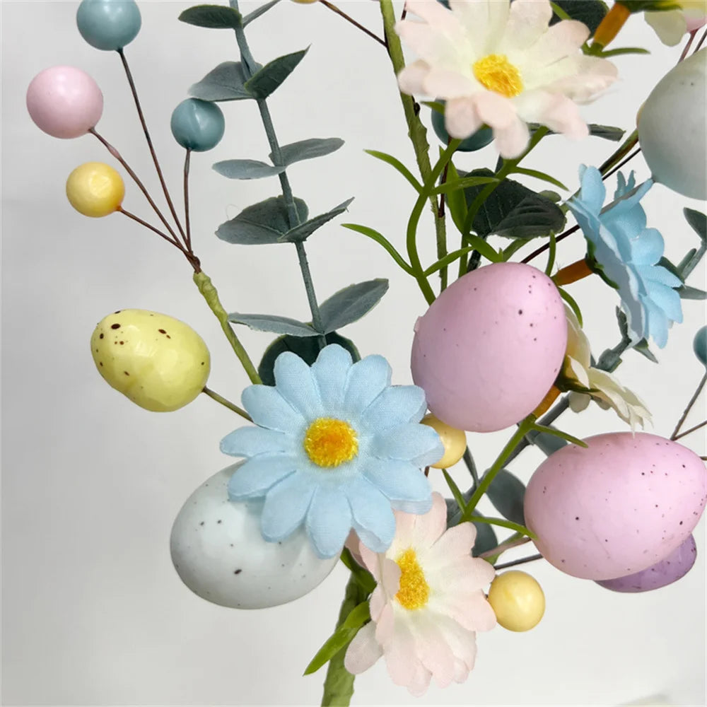 Colorful Easter floral arrangement featuring pastel eggs and delicate flowers for festive decoration