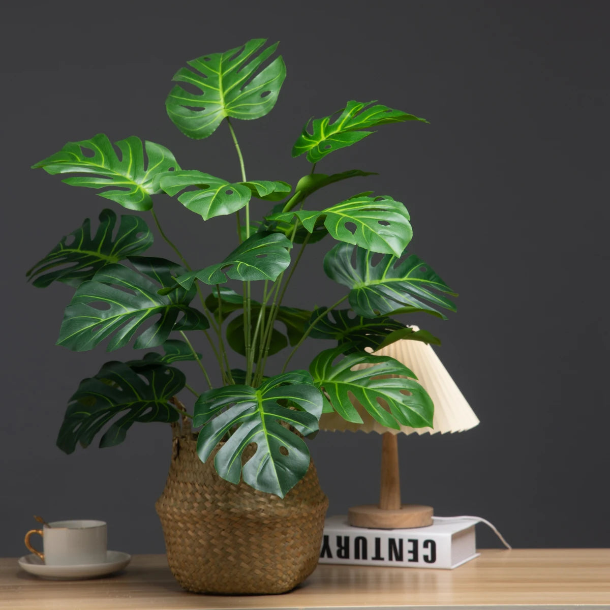 Lifelike fake tropical plants for home in a woven basket, adding vibrant greenery to any decor