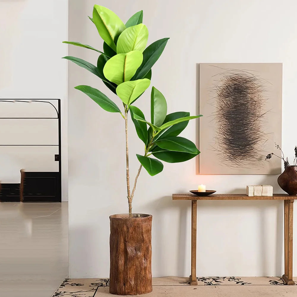 Artificial Ficus Tree in a Rustic Wooden Planter for Home Decor and Indoor Spaces