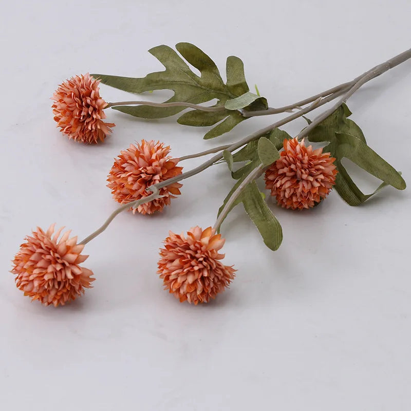 Artificial Orange Flower Stem with Five Blooming Pom-Pom Flowers and Green Leaves