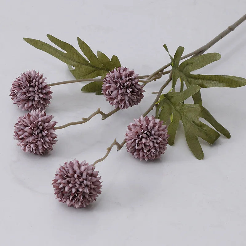 Faux Purple Flower Stem with Five Blossom Heads and Green Leaves for Home Decor