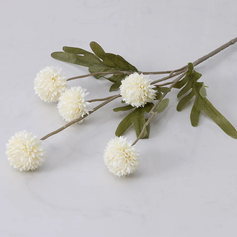 White Decorative Floral Stem with Pom Pom Blooms and Green Leaves for Home Decor