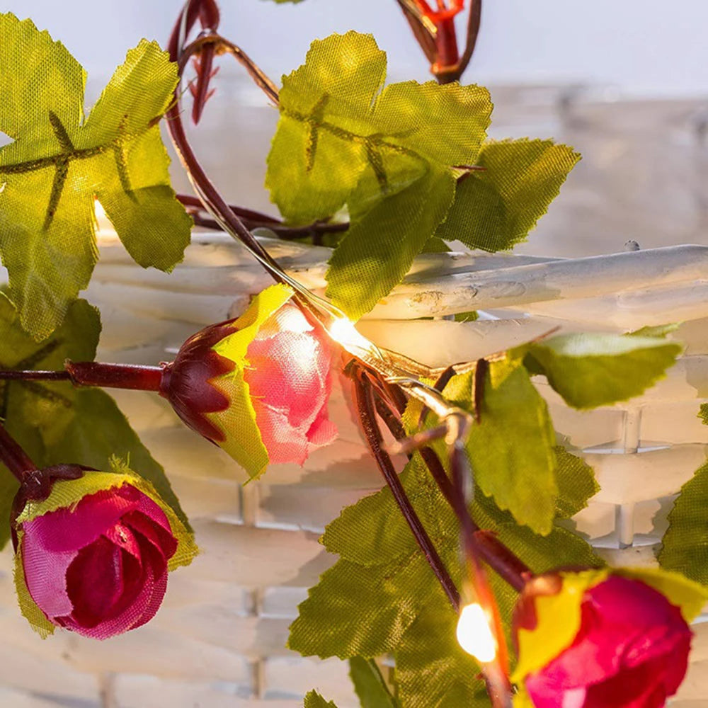 Mağazam Fairy Light String with Pink Rose and Green Leaves for Home Decor
