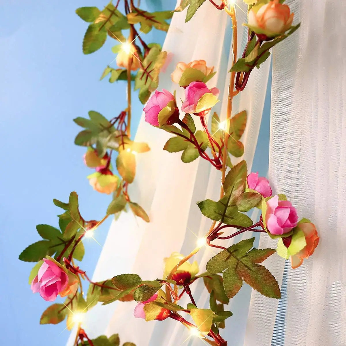 Artificial Rose Flower String Lights from Mağazam with Pink Roses and Green Leaves for Home Decor